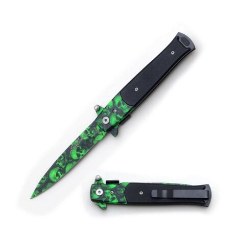 Spring Assisted Knife // Stiletto Style // Skulls (Grey)