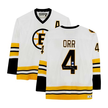 Bobby Orr // Boston Bruins // Signed White Adidas Jersey - Hand-Number 3/4