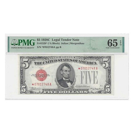 1928 C STAR $ 5 Legal Tender PMG 65 front # 748