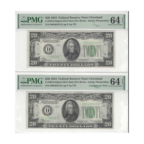 1934 $ 20 Federal Reserve Changeover Pair Cleveland with BOOK ENDS and TWO MULE NOTES PMG 64 EPQ  #515 - #518