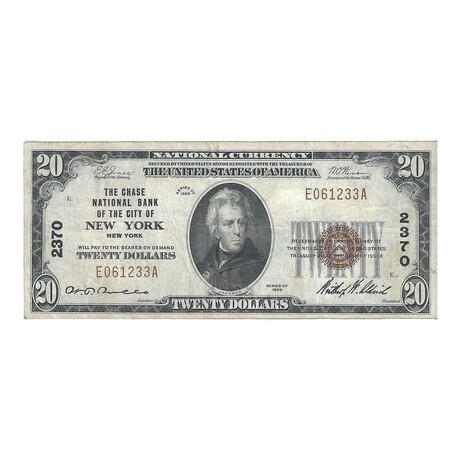 1929 $ 20 Chase National Bank of the City of New York # 233