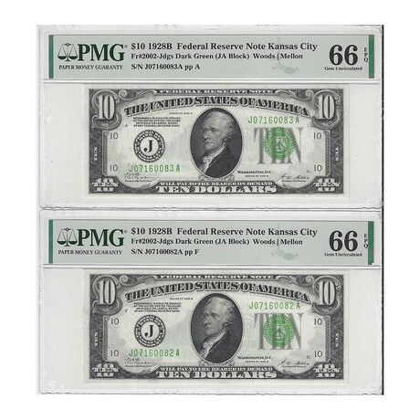 1928 B $ 10 Federal Reserve - ONE OF A KIND PAIR - FINEST KNOWN # 082 & 083