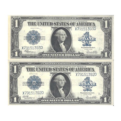 1923 $ 1 Silver Certificate Changeover Pair front # 392 - 393