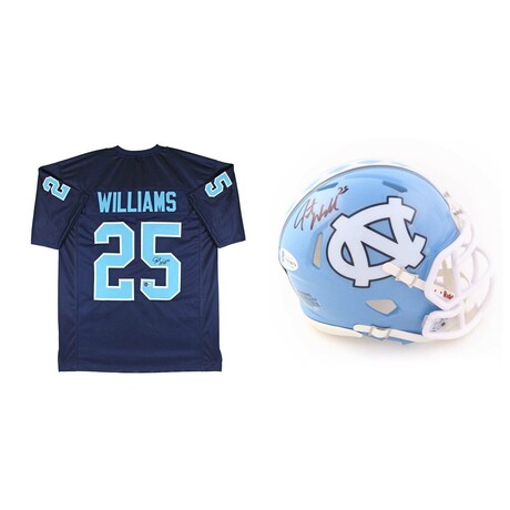 Javonte Williams // UNC Tar Heels // Signed Speed Mini Helmet & Jersey