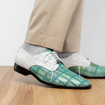 Pissa // Caiman Belly + Lizard Ring Skin Leather Derbys // Teal + White (11)