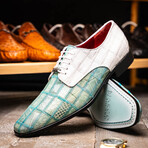 Pissa // Caiman Belly + Lizard Ring Skin Leather Derbys // Teal + White (11)
