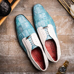 Pissa // Caiman Belly + Lizard Ring Skin Leather Derbys // Aqua + White (8)