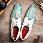Pissa // Caiman Belly + Lizard Ring Skin Leather Derbys // Teal + White (11)