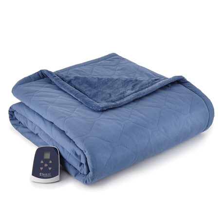 Micro Flannel® Reverse to Ultra Velvet® Heated Throw // Throw/ Twin Size // 84x62 (Indigo)