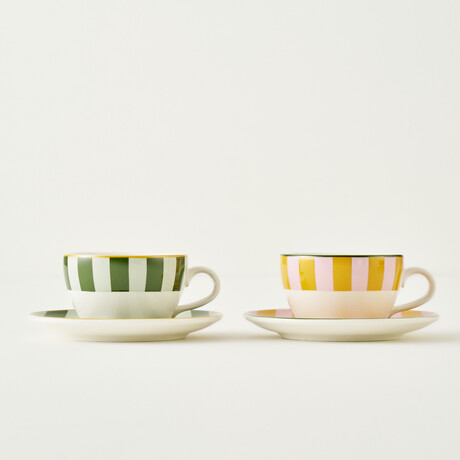 Line Porcelain Tea Cup Set // 2 Pieces (Red-Blue)