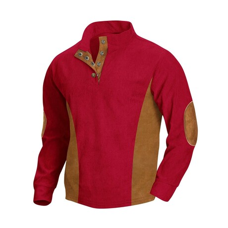 Mock Neck Long-Sleeve Elbow Patch Button-Down Fleece Shirt // Red (XS)