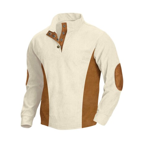 Mock Neck Long-Sleeve Elbow Patch Button-Down Fleece Shirt // Beige (XS)