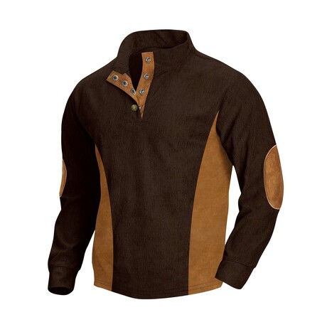 Mock Neck Long-Sleeve Elbow Patch Button-Down Fleece Shirt // Brown (XS)