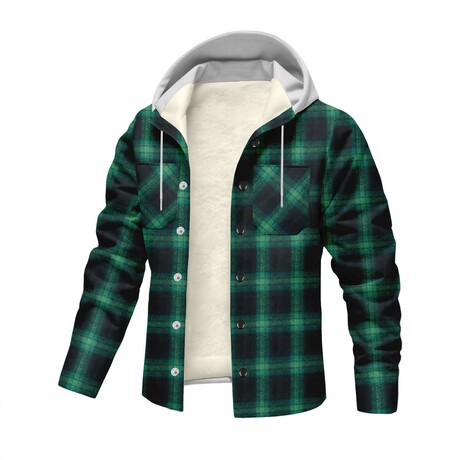 Plaid Flannel Hooded Fleece-Lined Jacket // Green (XS)