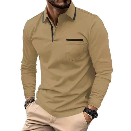 Tipped Long-Sleeve Polo // Khaki (XS)