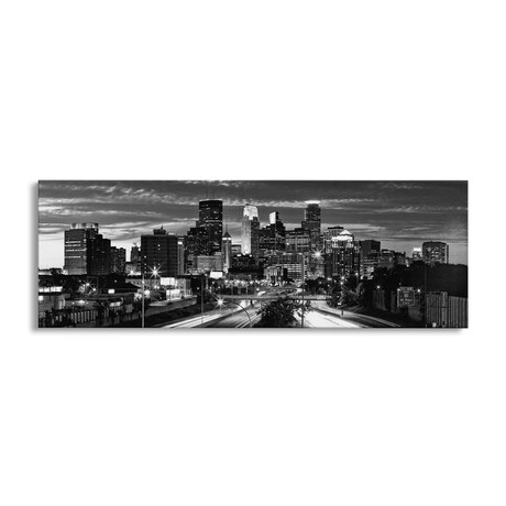Minneapolis Panoramic Skyline Cityscape (Black & White - Evening) by Unknown Artist (12"H x 36"W x 1.5"D)