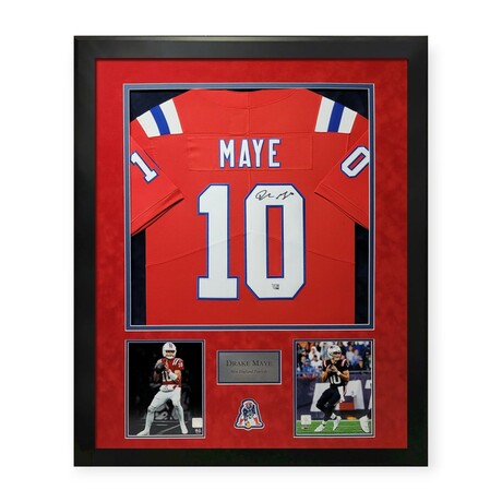 Drake Maye // NE Patriots // Signed Red Throwback Jersey + Framed