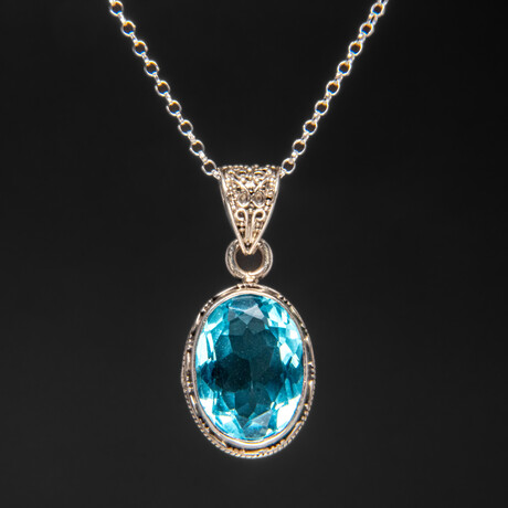Genuine Sterling Silver Blue Topaz Gemstone Pendant with 18" Sterling Silver Chain // v.1