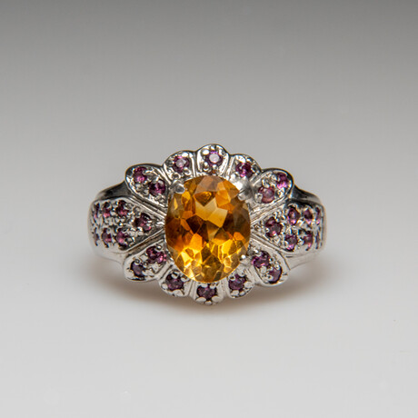 Genuine Citrine with Rhodolite Gemstone Sterling Silver Ring // Size 8.5 // v.2