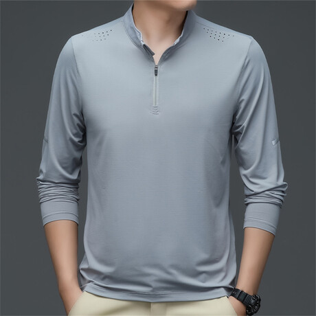 1/4 Zip-Up Long-Sleeve w/ Perforated Shoulders T-Shirt // Light Gray (XS)