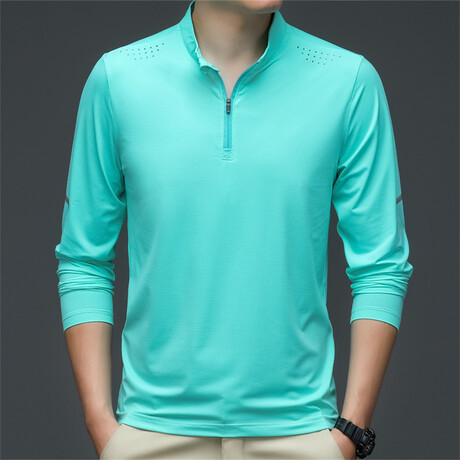 1/4 Zip-Up Long-Sleeve w/ Perforated Shoulders T-Shirt // Light Green (XS)