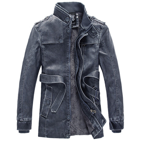 Faux Leather Fleece-Lined Jacket // Blue (XS)