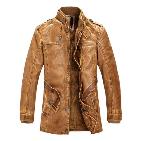 Faux Leather Fleece-Lined Jacket // Light Brown (XS)
