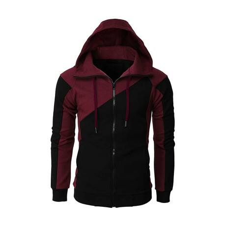 Zip-Up Blocked Hoodie // Black + Burgundy (XS)
