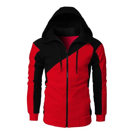 Zip-Up Blocked Hoodie // Red + Black (XS)