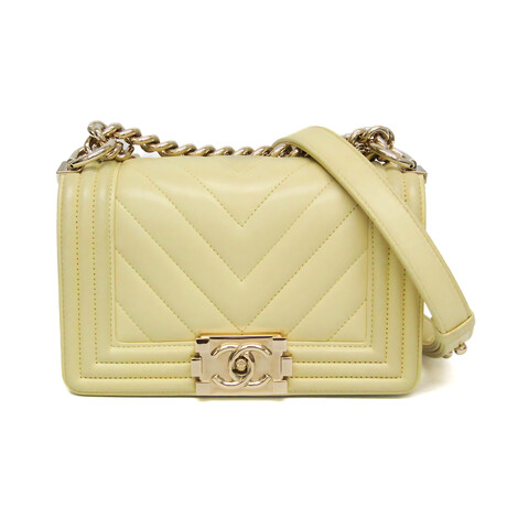 Chanel // Leather Boy V-Stitch Double Chain Bag // Yellow // Pre-Owned