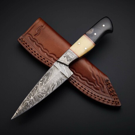 Damascus Drop Point Hunter Knife // Black Horn, White Bone