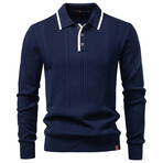 Long-Sleeve Striped Knit Polo Sweater // Navy (L)
