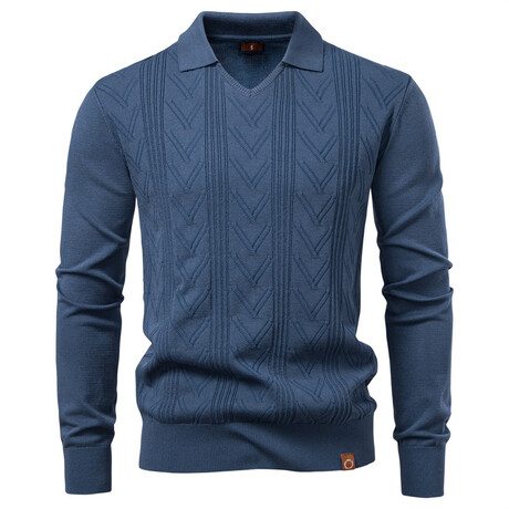Lapel Collar Cableknit Sweater // Gray Blue (XS)