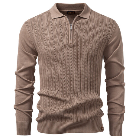 1/4 Zip-Up Striped Knit Sweater // Camel (XS)
