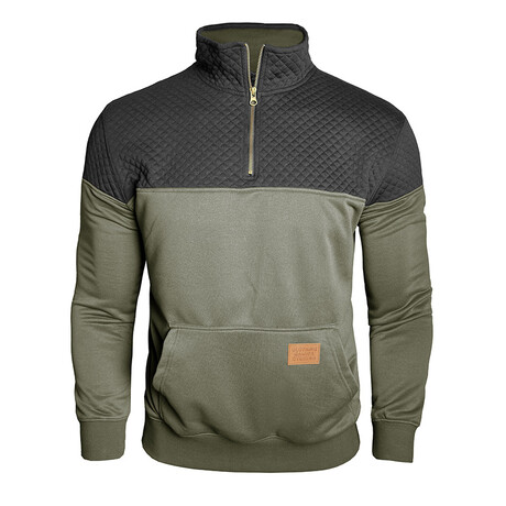 1/4 Zip Mock Neck Blocked Quilted Pullover // Army Green (XS)