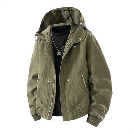 Zip-Up High Neck 2 Pockets Hooded Jacket // Army Green (XS)