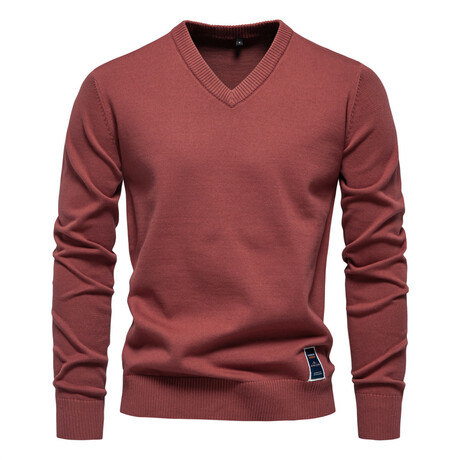 V-Neck Solid Sweater // Brick Red (XS)