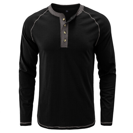 Long-Sleeve w/ Contrast Details Henley // Black (XS)