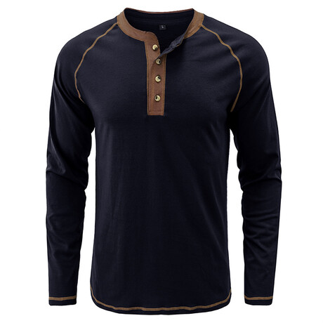 Long-Sleeve w/ Contrast Details Henley // Dark Blue (XS)