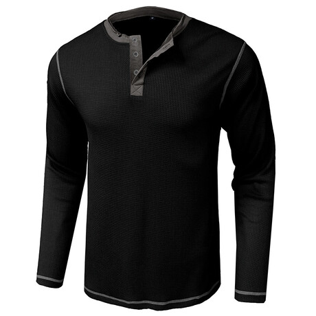 Long-Sleeve Waffled w/ Contrast Details Henley // Black (XS)