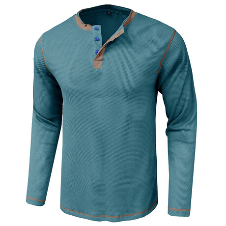 Long-Sleeve Waffled w/ Contrast Details Henley // Blue (XS)