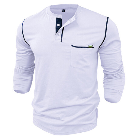 Long-Sleeve w/ Chest Pocket & Contrast Details Henley // White (XS)