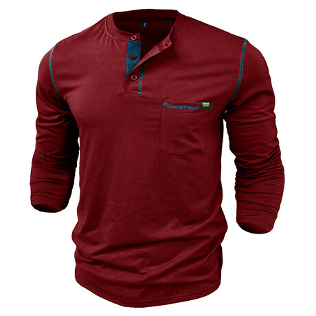 Long-Sleeve w/ Chest Pocket & Contrast Details Henley // Claret (XS)