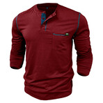 Long-Sleeve w/ Chest Pocket & Contrast Details Henley // Claret (S)