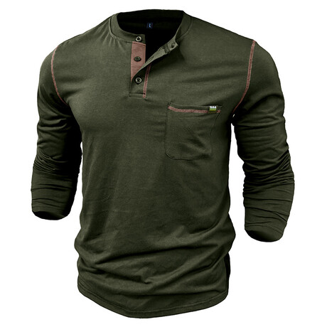 Long-Sleeve w/ Chest Pocket & Contrast Details Henley // Dark Green (XS)