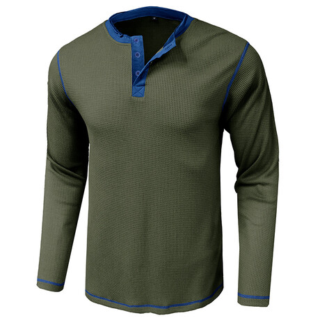 Long-Sleeve Waffled w/ Contrast Details Henley // Army Green (XS)