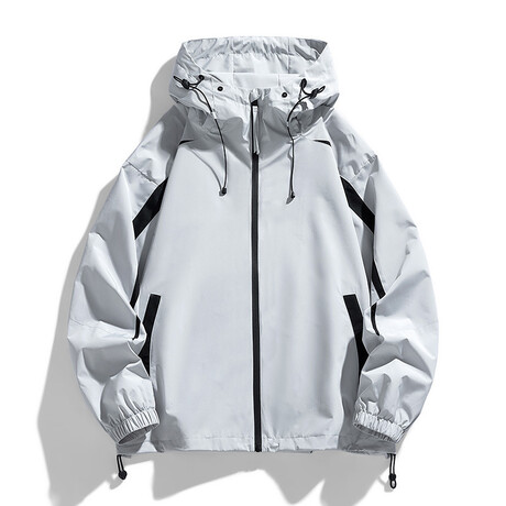 High Neck Striped Hooded Jacket // Light Grey (XS)