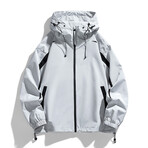 High Neck Striped Hooded Jacket // Light Grey (S)