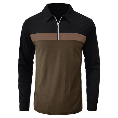 1/4 Zip Blocked Long-Sleeve Polo  // Black + Army Green (XS)