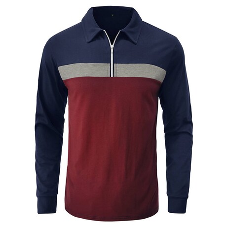 1/4 Zip Blocked Long-Sleeve Polo  // Blue + Claret (XS)